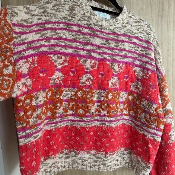 Bunulu XL Soft Mixed Media Electric Floral Stripped Boho Balloon Sleeves Sweater - Picture 4 of 8